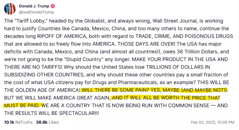 (상보) 트럼프 "관세부과, 일부 고통 있을 수도..그 모든 것이 대가 치를 만한 가치 있어"