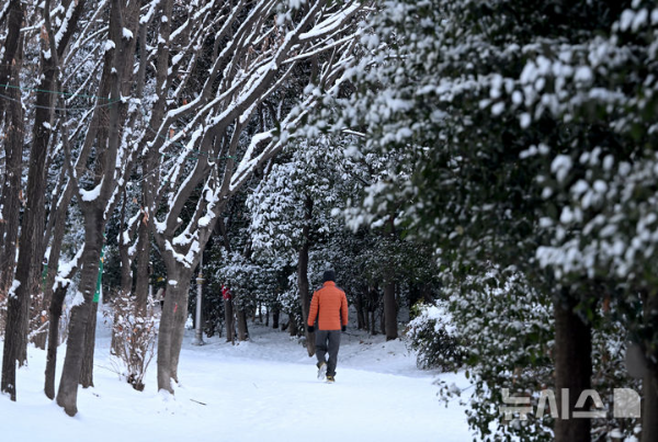 5일 오전 광주 남구 한 공원에서 시민이 눈 쌓인 산책로를 걷고있다.