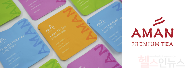 (왼쪽부터) 아만프리미엄티 티 제품들, 아만프리미엄티 로고 (아만프리미엄티 제공)