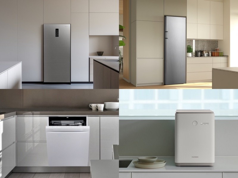 <(좌측 상단부터 시계방향) 쿠쿠 김치냉장고, 냉동고, 음식물처리기, 식기세척기>