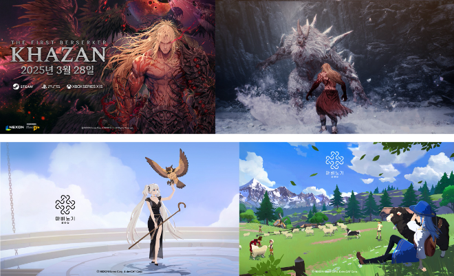넥슨이 3월 28일 정식 출시하는 '퍼스트 버서커: 카잔' 소개 화면(위)과 3월 27일 출시 예정인 '마비노기 모바일' 화면 ⓒ넥슨