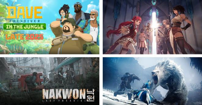 (왼쪽 위부터) 데이브 더 다이브 신규 DLC '인 더 정글', 프로젝트 오버킬, 낙원: 라스트 파라다이스, 빈딕투스: 디파잉 페이트 소개 화면 ⓒ넥슨