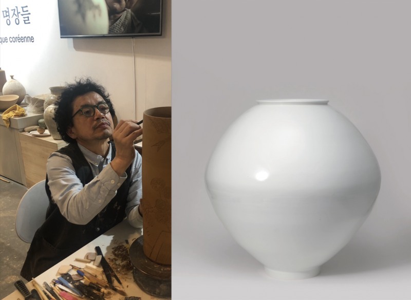 〈사진 설명 : 김판기 명장 루브르 시연 장면과 대표적인 작품, 달항아리〉