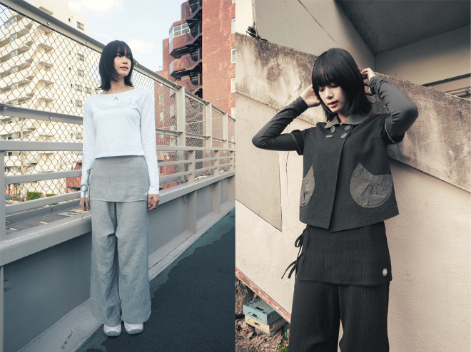 허그유어스킨 25SS 신상품 ‘스커트 레이어드 팬츠’ 화보 (무신사 제공)