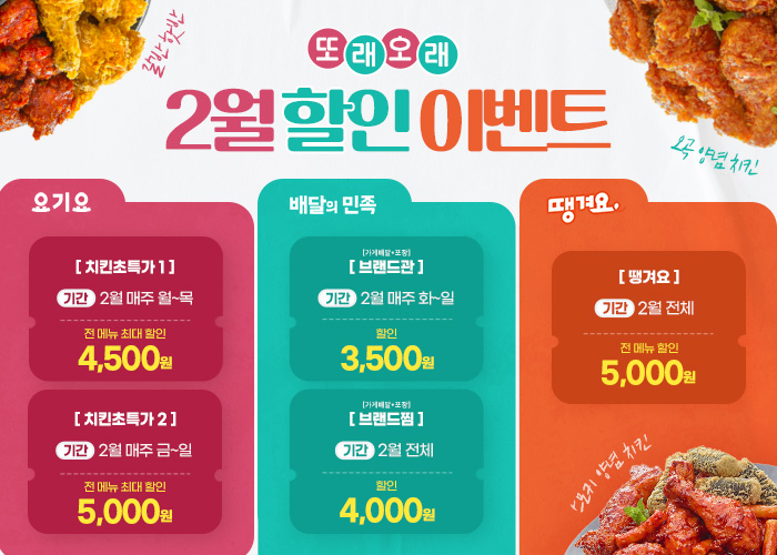 농협목우촌 치킨 또래오래, 배달 앱 할인 프로모션 제공