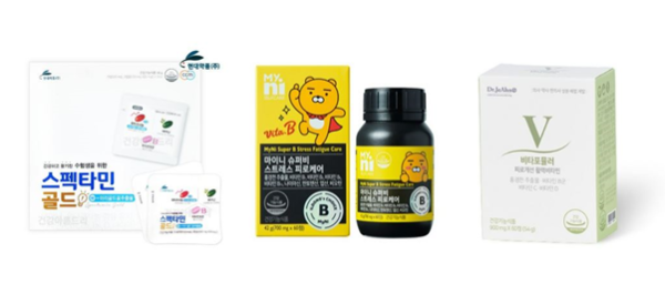 (왼쪽부터) 현대약품의 ‘스펙타민골드’, 일동제약의 ‘마이니 슈퍼비 스트레스 피로케어’, 닥터제안의 ‘피로개선 활력비타민’