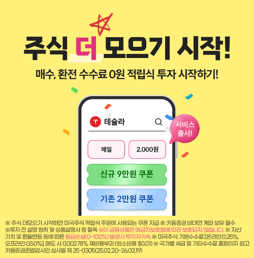 키움증권은 미국주식을 일, 주, 월 단위로 자동 매수할 수 있는 '주식 더 모으기' 서비스를 출시했다고 25일 밝혔다. ⓒ 키움증권