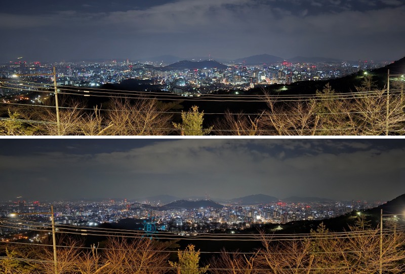 갤럭시 S24 울트라(위)와 갤럭시 S25 울트라에 각각 탑재된 2억 화소 광각 카메라로 서울 도심 야경을 촬영한 사진. =성상영 기자