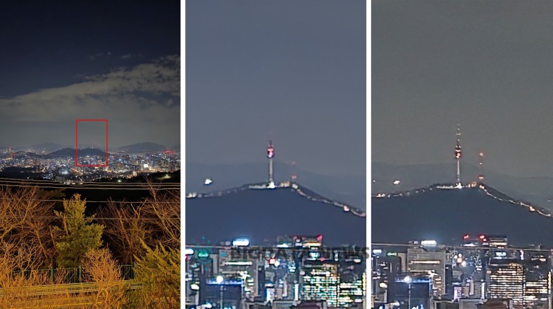 갤럭시 S24 울트라와 갤럭시 S25 울트라에 각각 탑재된 2억 화소 광각 카메라로 서울 도심 야경을 촬영한 뒤, 남산타워 부분을 100배 확대한 모습. 사진 가운데가 갤럭시 S24 울트라, 오른쪽이 갤럭시 S25 울트라. =성상영 기자