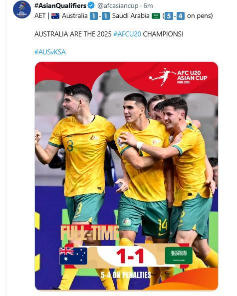호주의 2025 U-20 아시안컵 우승 소식을 전한 AFC