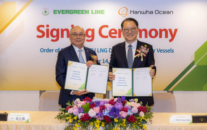 대만 현지에서 한화오션 김희철 대표이사(오른쪽)와 에버그린社 장옌이 회장이 LNG이중연료추진 초대형 컨테이너선 건조 계약서에 서명한 뒤 기념촬영을 하고 있다.(사진=한화오션.)