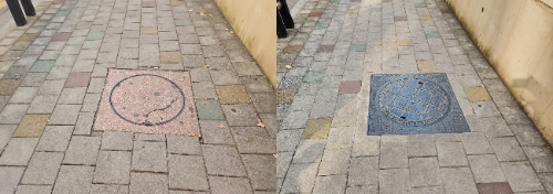 노후 콘크리트 맨홀뚜껑을 주철 맨홀뚜껑으로 교체한 모습