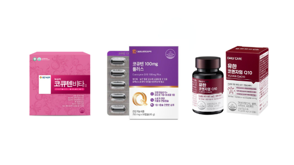 코엔자임Q10 건강기능식품. (왼쪽부터) 녹십자 ‘코큐텐 비타’, 대웅제약의 ‘코엔자임Q10+’, 유한건강생활 ‘유한 코엔자임Q10’