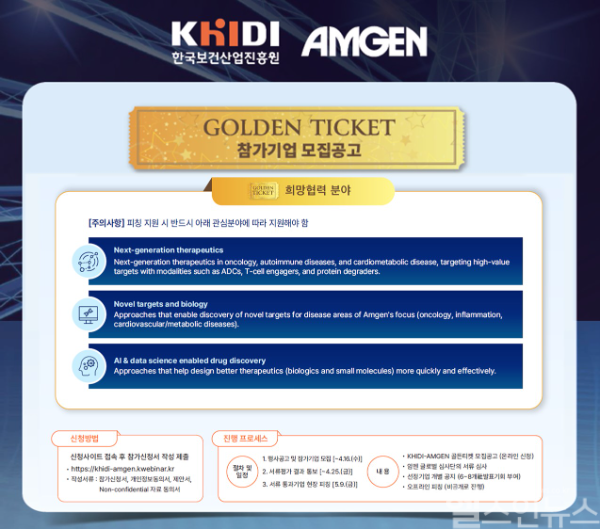 암젠코리아, 2025 한국보건산업진흥원-암젠 골든티켓 참가 기업 모집 (암젠코리아 제공)