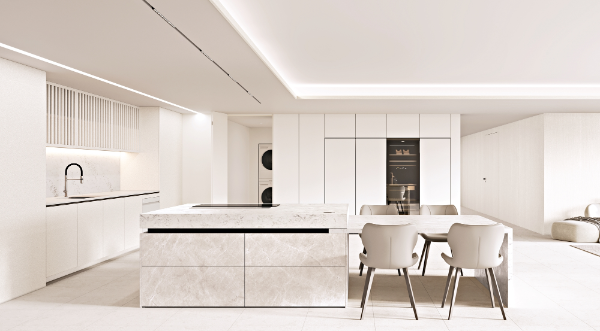 LX하우시스의 바이오 SMR(무광택 표면) 가구용 필름과 보드가 적용된 주방 공간. ⓒ LX하우시스