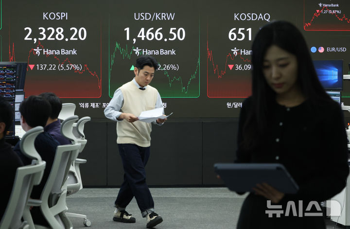 7일 코스피가 전 거래일(2465.42)보다137.22포인트(5.57%) 내린 2328.20에 장을 마감했다. 이날 아시아 증시는 일제히 약세를 보였다./뉴시스