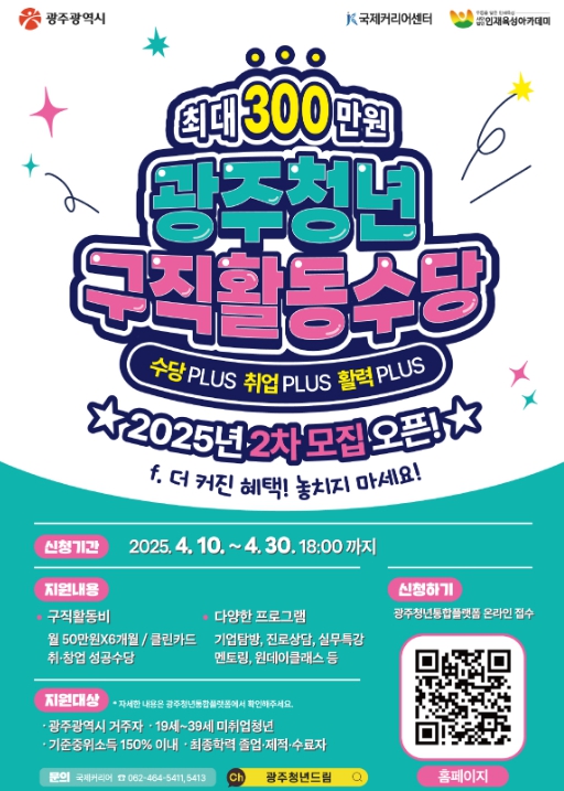 광주광역시는 미취업 청년의 자립과 사회 진입을 돕기 위한 ‘2025년 광주 청년구직활동수당 지원사업’ 2차 참여자 830명을 오는 10일부터 30일까지 모집한다고 밝혔다. (광주광역시 제공)