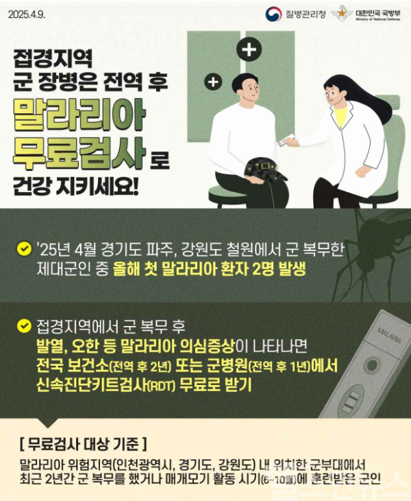 접경지역 군 장병, 전역 후 말라리아 무료검사로 건강 관리하세요! (질병관리청 제공)