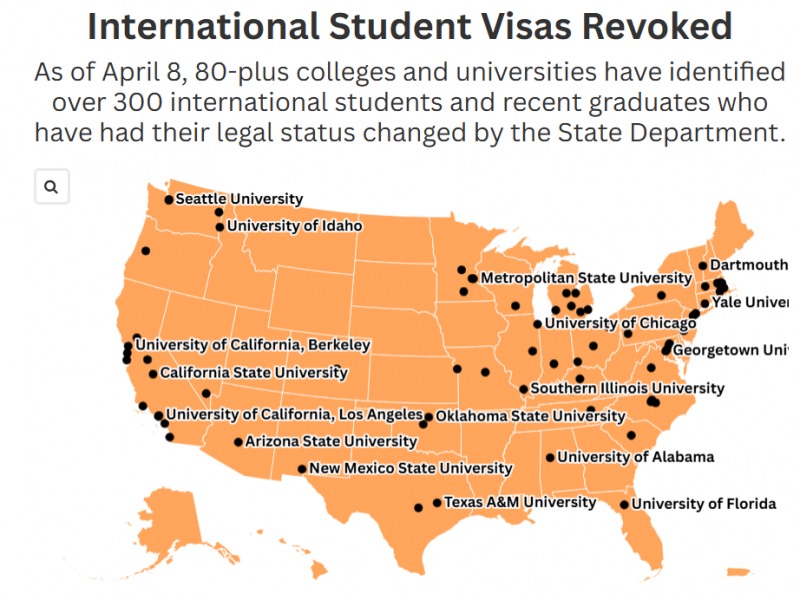 8일(현지시간) 기준 외국 유학생 비자가 취소된 대학들. 300여명이 넘는 것으로 파악됐다. 자료=고등교육닷컴