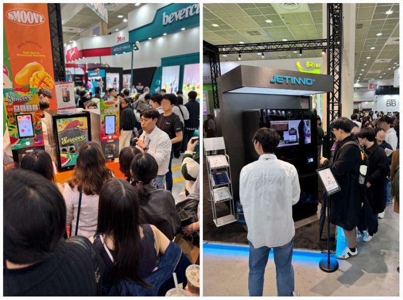 제이그룹 ‘Teaf5’ 셀프 스무디 머신(좌측) 제티노 ‘JL580’ 무인커피 머신(우측)