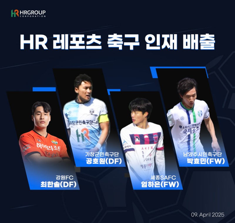 U-18 HR축구센터 1기생 최한솔(DF) 선수는 K리그1 강원FC에 입단하며 최상위 무대에서의 첫걸음을 내디뎠다. 이어 성인 독립구단 하이루트FC 출신 공호원(DF) 선수는 K4리그 기장군민축구단, 엄하은(FW) 선수는 세종SAFC, 박효민(FW) 선수는 남양주시민축구단에 각각 입단하며 귀중한 결실을 맺었다./사진 출처=각 구단 홈페이지