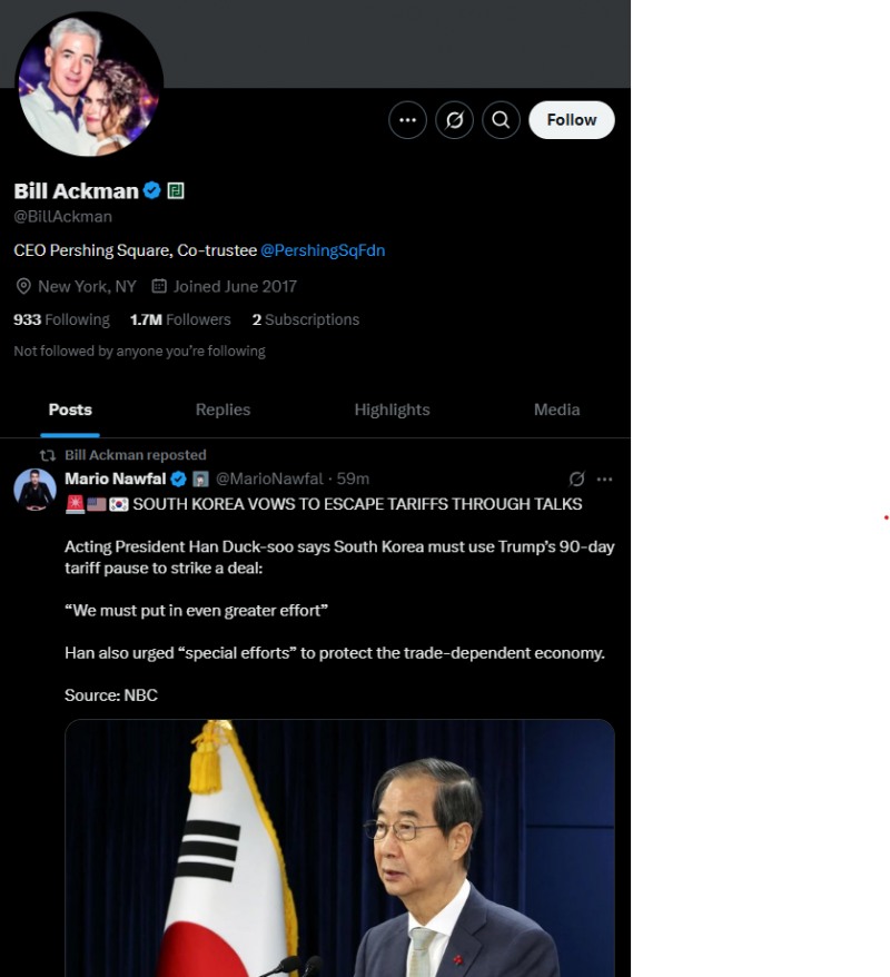 사진: 조금 전 한국관련 내용을 포스팅한 애크먼, 출처: 애크먼의 X