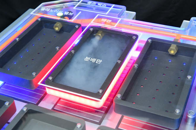 배터리 시스템(BSA) 내부에 소화 약제가 자동으로 분사되는 모습 ⓒ현대모비스