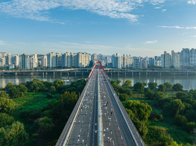 지난해 개최된 나무 심기 마라톤 대회 '롱기스트 런' 참가자들이 서울 서강대교 위를 달리는 모습 ⓒ현대차