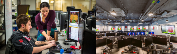 좌측)미국 본교 게임학과 수업모습 , 우측)유타대 송도캠퍼스 게임학과 랩 모습 (사진제공=유타대 아시아 캠퍼스)