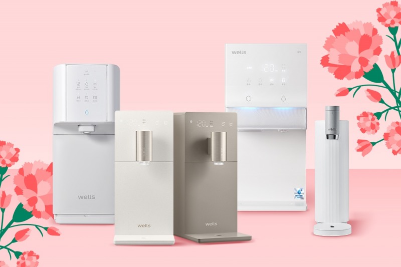 ▲왼쪽부터 슈퍼쿨링(모델명: WQ672), 슬림원 2종(모델명: WS672), 아이스원(모델명: WR872), 미미(모델명: WP610) 정수기