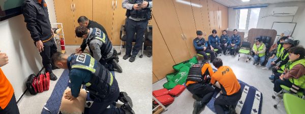 동춘지구대 전 직원과 아동안전지킴이를 대상으로 심폐소생술(CPR),를 동춘소방안전센터 직원들이 교육하고 있다.