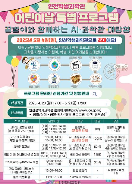 인천광역시교육청AI융합교육원, ‘인천학생과학관, 어린이날 특별 프로그램’ 운영