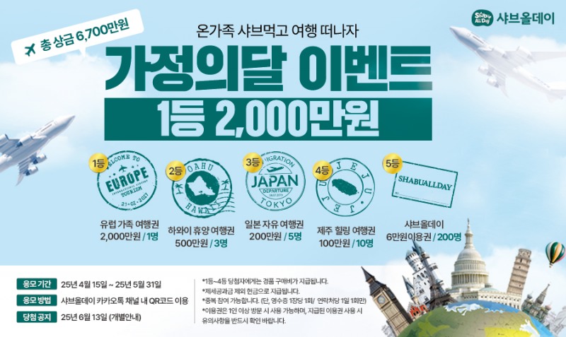샤브올데이, 가정의 달 맞아 유럽 여행 경품 이벤트 진행