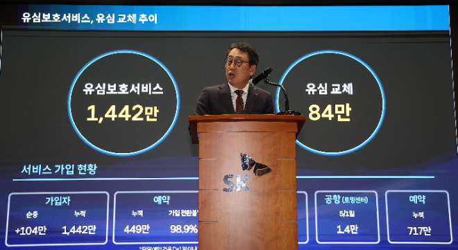 유영상 SK텔레콤 대표이사가 2일 서울 중구 SKT타워에서 열린 유심 정보 유출 관련 일일 브리핑에서 유심 보호 서비스와 교체 현황을 설명하고 있다. ⓒ연합뉴스