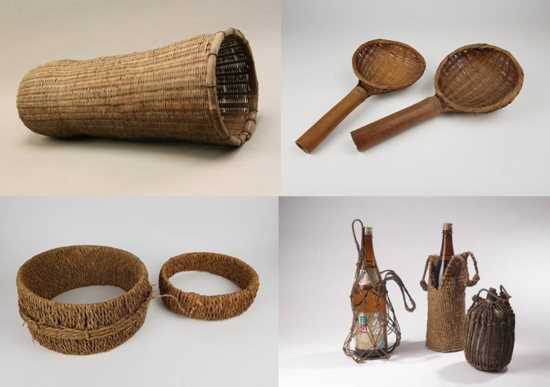 짚풀생활사박물관 ‘맛있다. 짚풀 덕분에’에 전시된 유물들. (왼쪽 위부터 시계방향으로) 용수, 국수채, 메주틀, 술병망태.