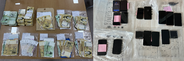 인천경찰청 형사기동대2팀이 불법사금융중개 콜센터에서 압수한 현금5천여만원과 대폰휴대폰들