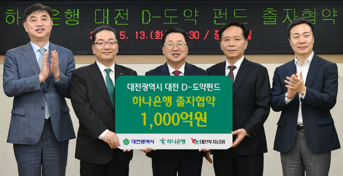 하나은행은 지난 13일 오후 대전시청에서 대전광역시, 대전투자금융과 함께 지역 스타트업 혁신 성장 지원 및 벤처투자 생태계 활성화를 위해 「대전 D-도약펀드」에 1천억원을 출자하는 협약을 체결했다고 밝혔다. 이날 행사에 참석한 이호성 하나은행장(사진 왼쪽에서 두 번째)이 이장우 대전시장(사진 왼쪽에서 세 번째), 송원강 대전투자금융 대표이사(사진 왼쪽에서 네 번째), 이택구 대전광역시 정무경제과학 부시장(사진 맨 오른쪽), 이동열 하나은행 충청영업그룹 부행장(사진 맨 왼쪽)과 함께 출자 협약을 축하하며 기념촬영을 하고 있다.