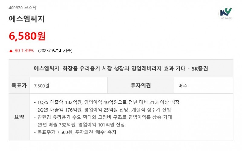 에스엠씨지, 화장품 유리용기 시장 성장과 영업레버리지 효과 기대 - SK증권