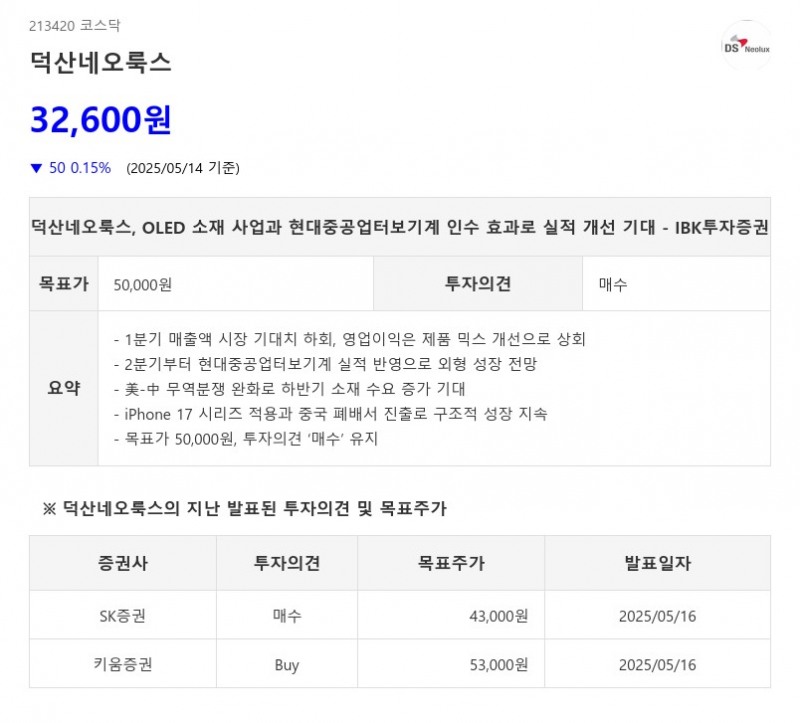 덕산네오룩스, OLED 소재 사업과 현대중공업터보기계 인수 효과로 실적 개선 기대 - IBK투자증권