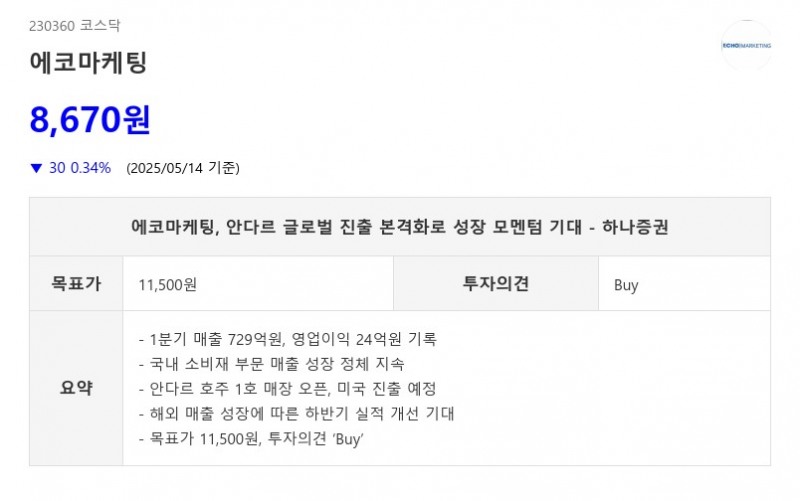 에코마케팅, 안다르 글로벌 진출 본격화로 성장 모멘텀 기대 - 하나증권