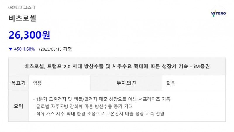 비츠로셀, 트럼프 2.0 시대 방산수출 및 시추수요 확대에 따른 성장세 가속 - iM증권