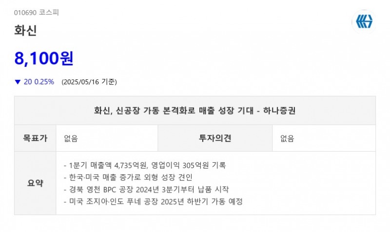 화신, 신공장 가동 본격화로 매출 성장 기대 - 하나증권