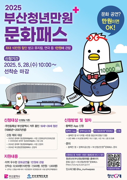 부산시가 ‘부산청년만원+문화패스’ 사업을 오는 5월 28일 오전 10시부터 동백전 앱을 통해 선착순 접수로 진행한다. 이 사업은 단 1만원으로 최대 11만 원 상당의 공연을 관람할 수 있는 기회를 제공하는 전국 유일의 청년 문화지원 프로그램이다. (부산시 제공)