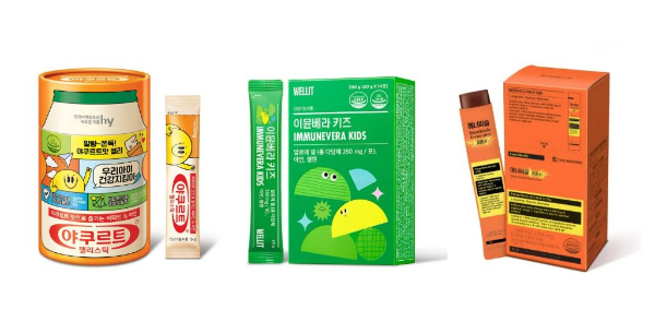 (왼쪽부터) ‘에치와이 야쿠르트 젤리스틱’, ‘이삼오구 이뮨베라’, ‘대웅제약 에너씨슬 집중샷’