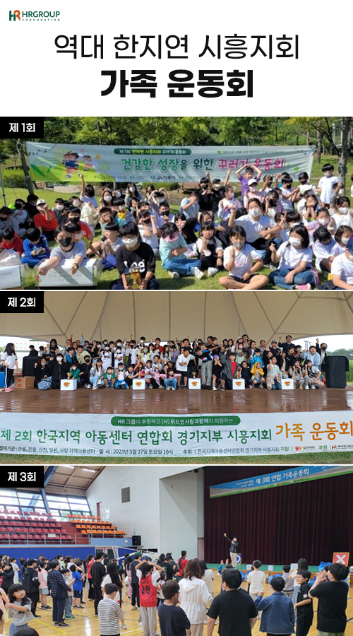2022년 9월 24일, 경기도 시흥시 산현공원에서 제1회 한지연 시흥지회 꾸러기 운동회가 개최됐다(상). 이듬해인 2023년 5월 27일에는 시흥시 갯골생태공원에서 제2회 한국지역아동센터연합회 경기지부 시흥지회 가족운동회가 열렸다(중). 2024년 5월 11일에는 시흥시 한국공학대학교 실내 체육관에서 열린 ‘제3회 연합 가족운동회’에서 참가자들이 다양한 놀이 프로그램을 즐기며 화기애애한 시간을 보냈다.(하)/사진=HR그룹 미디어팀 제공