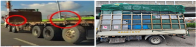 단속대상인 불법개조 지지대 설치 화물차 및 물품적재 난간대 설치 화물차 모습