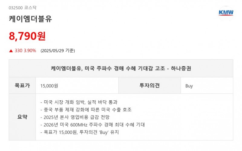 케이엠더블유, 미국 주파수 경매 수혜 기대감 고조 - 하나증권