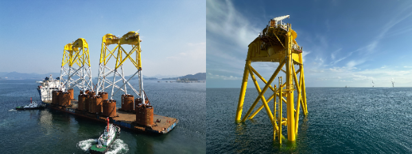 좌) 석션버킷 재킷 하부구조물이 창화 2b 해상풍력 단지로 출항하는 모습, 우) 창화 2b 해상풍력 단지에 석션버킷 자켓 하부구조물이 성공적으로 설치된 모습