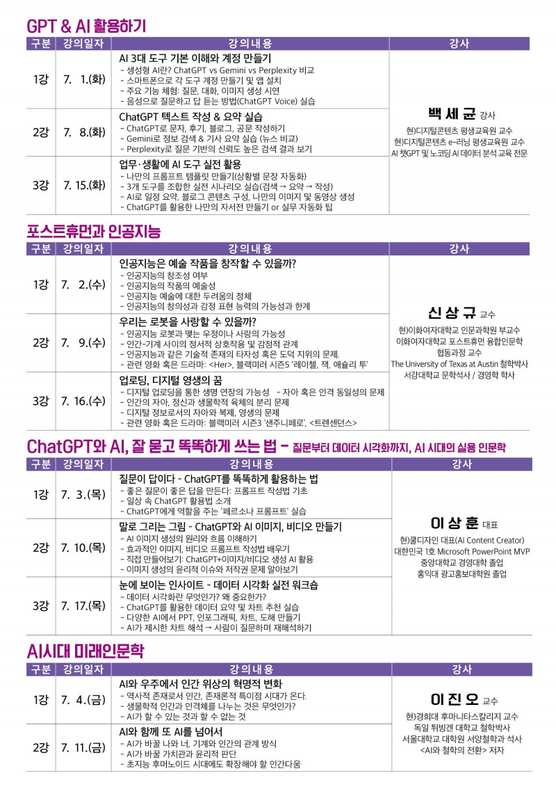 인공지능 시대와 인문학 4개 강좌 내용 안내문