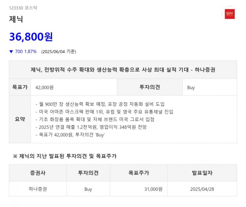 제닉, 전방위적 수주 확대와 생산능력 확충으로 사상 최대 실적 기대 - 하나증권